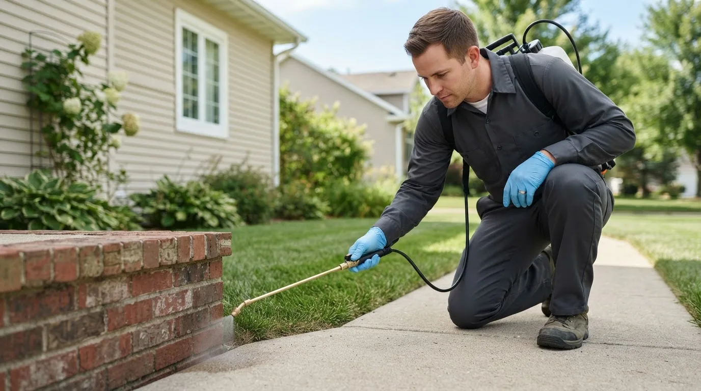 Pest control technician treating a home near Fairmount City, PA